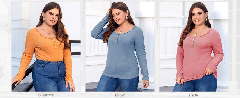 Women’s Plus Size Henley T Shirts Long Sleeve Button Down Tunic Blouse Loose Fit Tops Scoop Neck Ribbed Knit Shirts BBW Big Beautiful  Woman Over Size