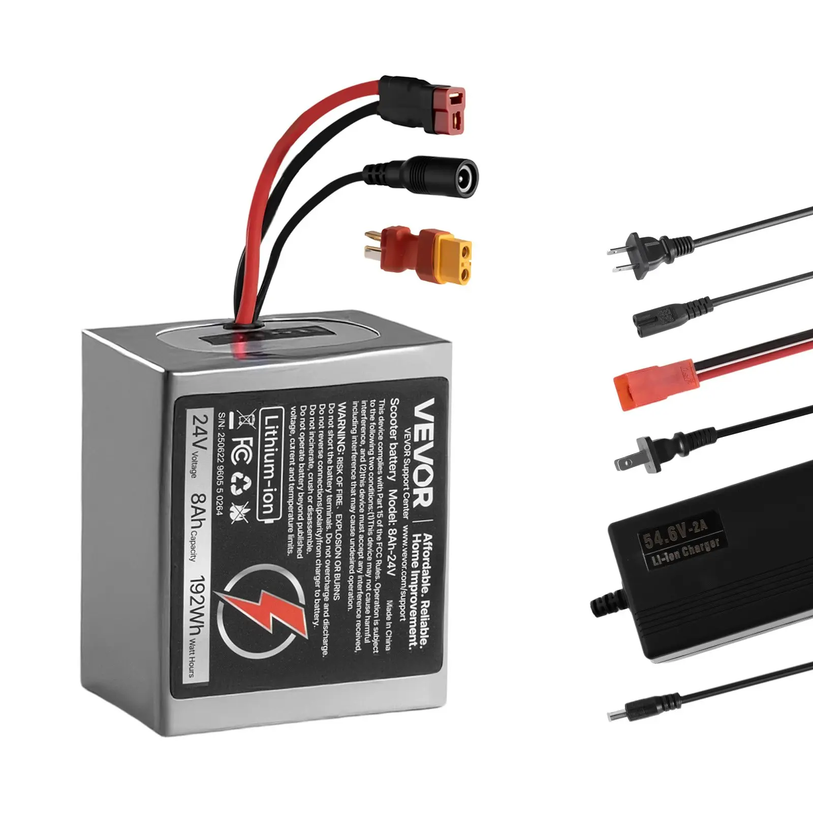 VEVOR 24V Lithium Battery Pack for Electric Scooters & Bikes, 8Ah, 30A BMS Protection, Charger Included, T-Plug Expansion Cable, 500+ Cycles, Lightweight Portable, Compatible with 1920W Motors