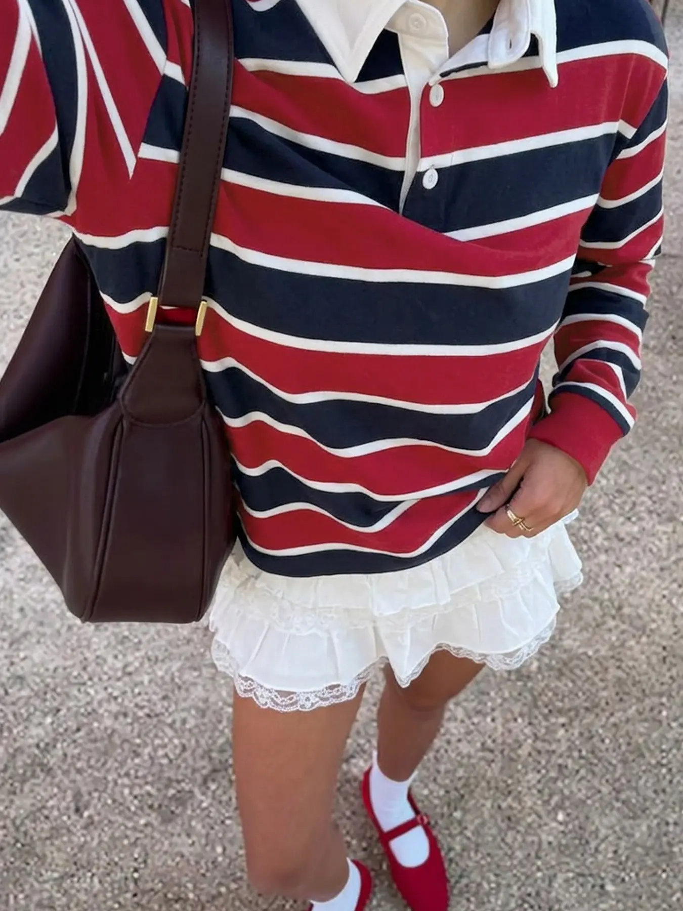 Women's Striped Lapel Long Sleeve Polo Shirt, Loose Fit Vintage College Style, Spring & Fall Fashion, Casual Streetwear Top