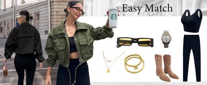 Imily Bela Womens Cropped Jacket Zip Up Lightweight Oversized Utility Anorak Coat with Pockets