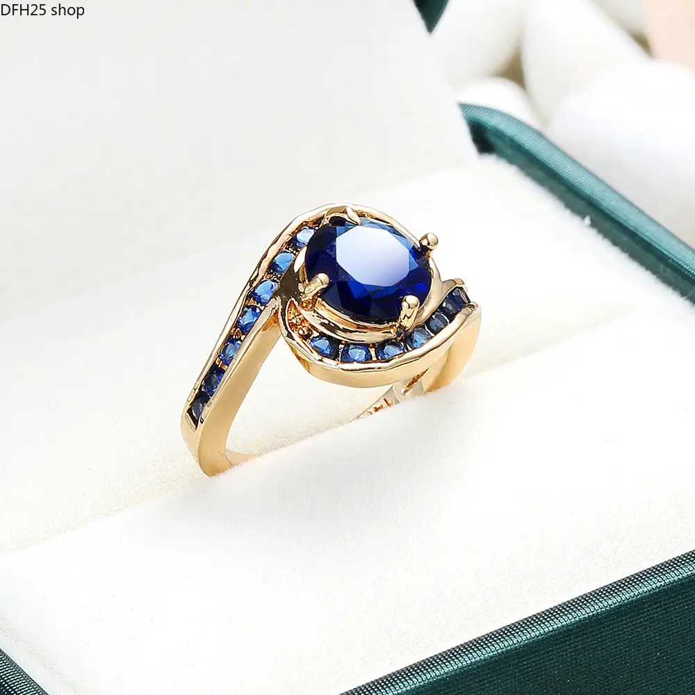 Blue Sapphire Crystal Statement Ring For Women, Gold Tone Vintage Adjustable Finger Jewelry With Elegant Gemstone Design For Daily Wear Party Fashion Accessory Gift