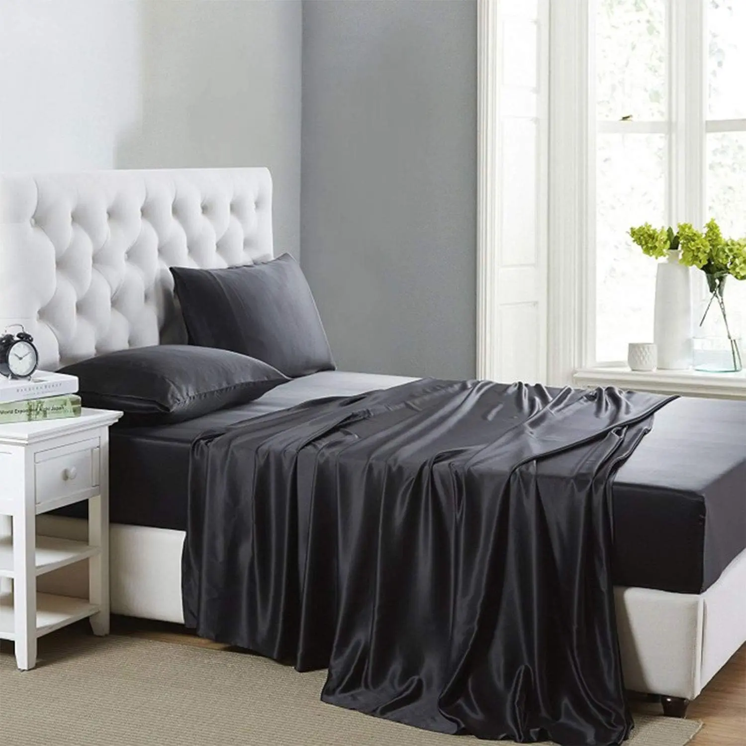 Silk Sheets, Twin Size Bed Sheet Set with Deep Pockets, Cooling Soft and Hypoallergenic Sheets Twin - Black