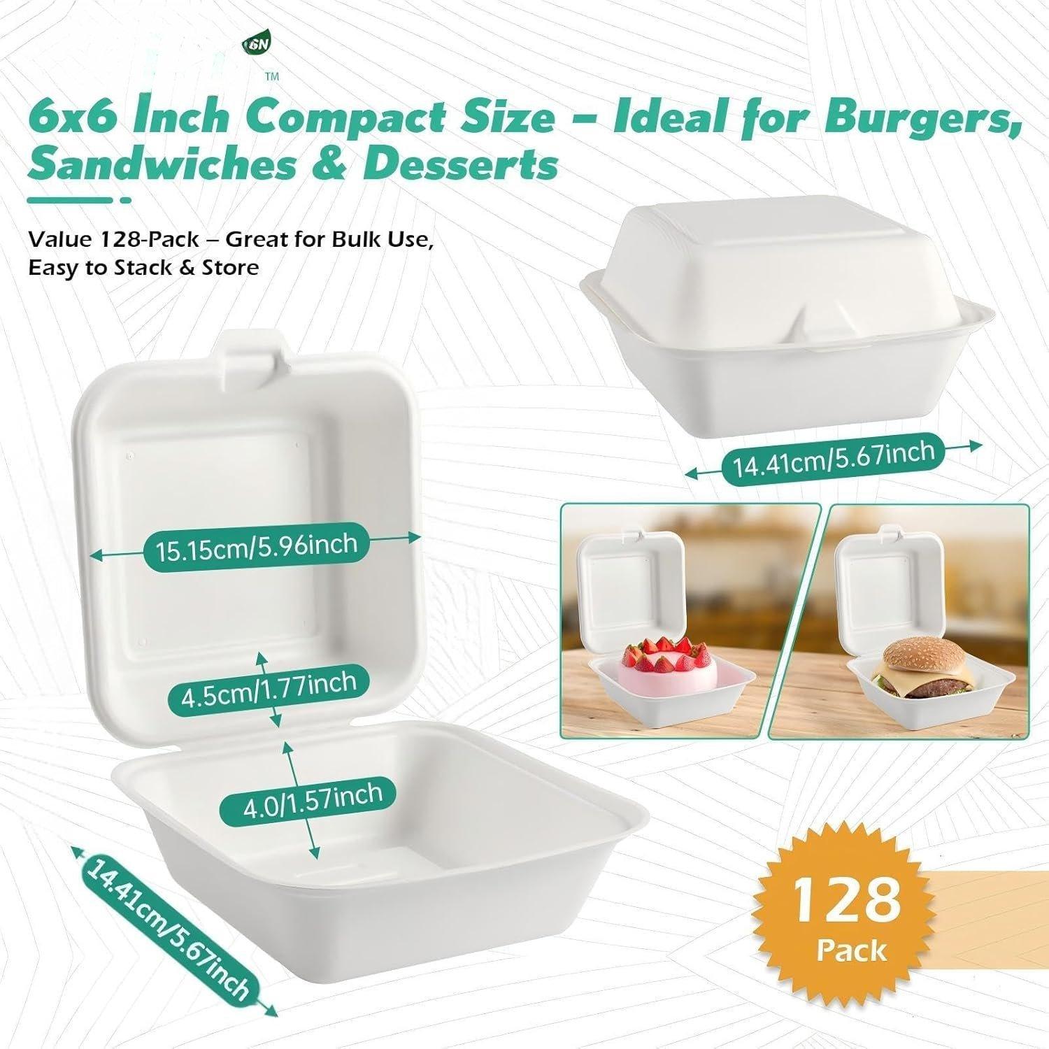 [6x6, 128-Pack Compostable Clamshell Take Out  Containers, Biodegradable Bagasse Paper To-Go Boxes for Burgers, Sandwiches, Cake, , Microwave & Freezer Safe (White)