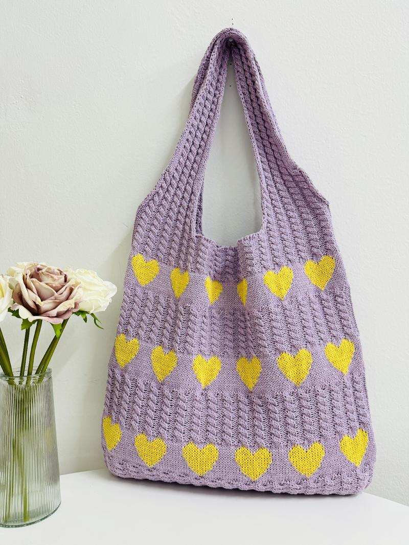 Heart Pattern Crochet Summer Tote Bag for Women, Summer 2024 Large Everything Tote Bag, Large Beach Bags, Trendy High Quality Everyday Shoulder Bag for Daily