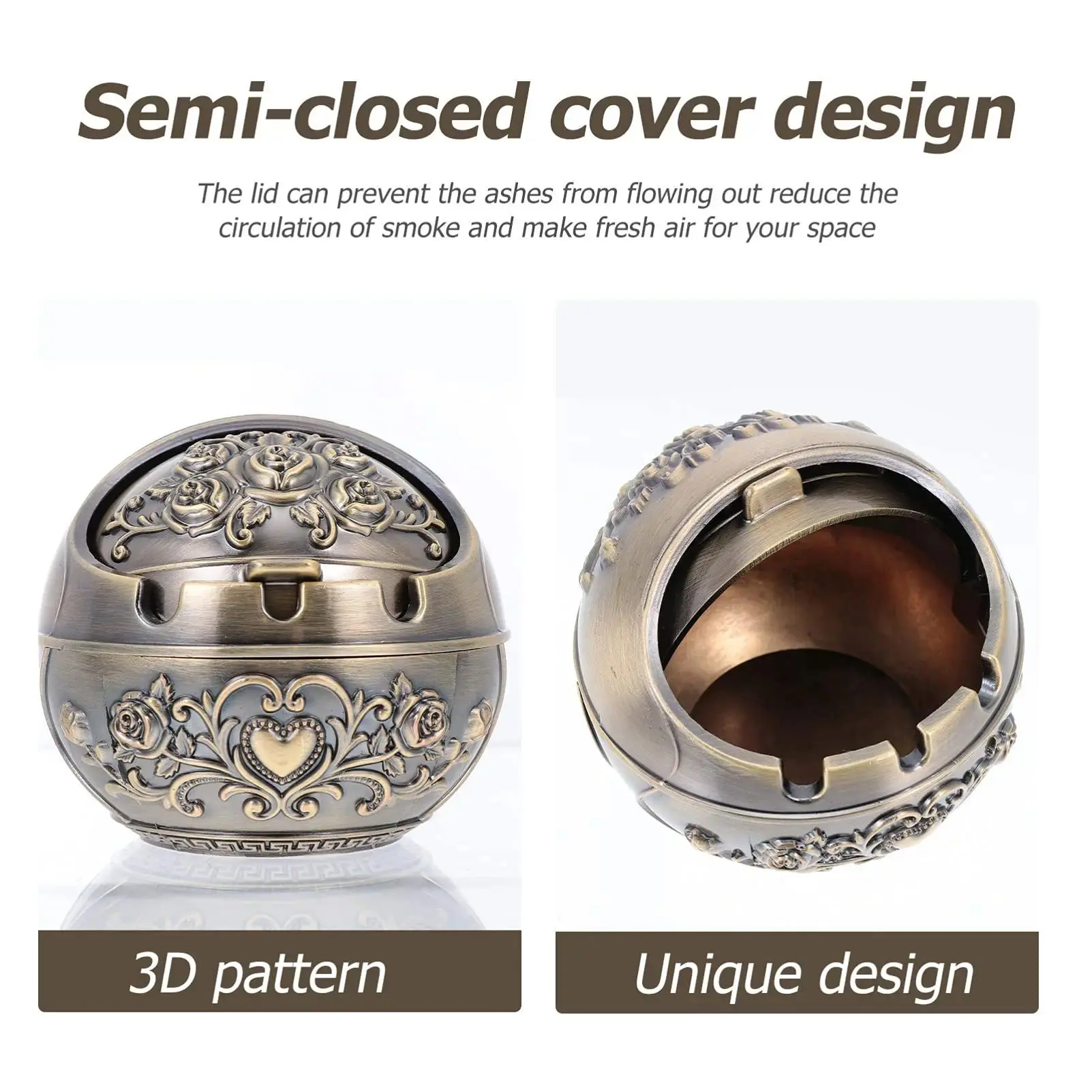 Vintage-style, handcrafted, rose-carved ashtray with lid; a portable, nostalgic decorative piece suitable for various settings—including homes and offices, both indoors and outdoors—and an ideal collectible gift for men and women, Ceramic Decor