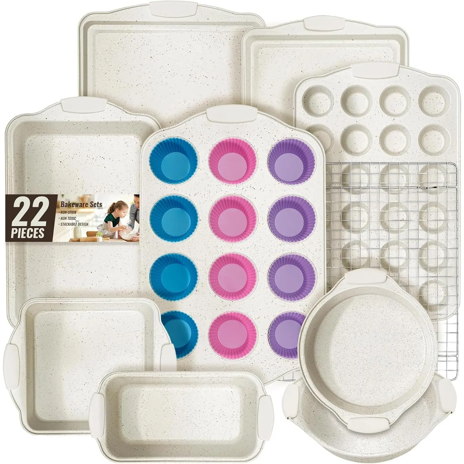 Baking Pans Set Nonstick, Stackable Bakeware Sets with  Handles,  22 count Oven Pan for Cooking Including Baking Cookie Sheet with Rack, Roast Pan, Cake Pan, Loaf Pan, Muffin Pan, Cream