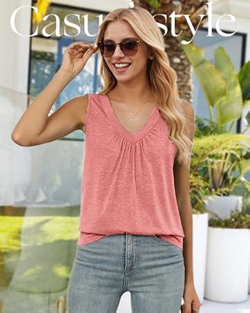 WIHOLL Tank Top for Women Loose Fit Sleeveless Shirts V Neck Summer Clothes Ruched Women's Tees and Tanks Curved Hem