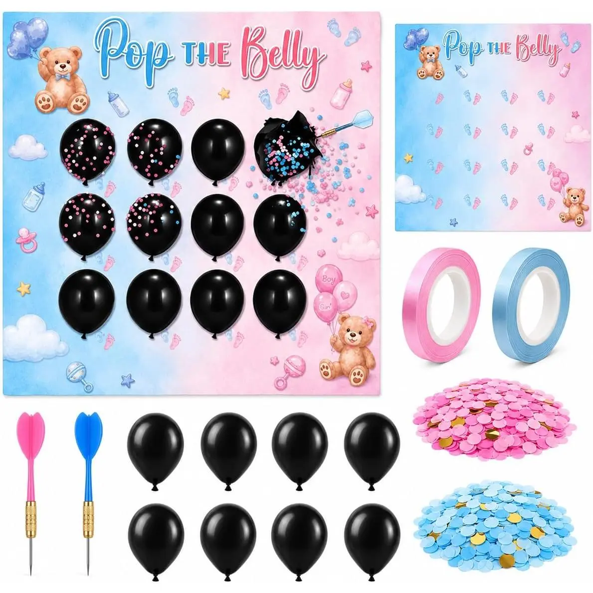 Cinrobiye Bear Baby Gender Reveal Game Kit - Fun Playful Balloon Pop Dart Game with Bear Theme Backdrop, PE Material Confetti Balloons, Darts, Multiple Items & Accessories for Baby Shower Decorations, Gifts, Balloon Pops