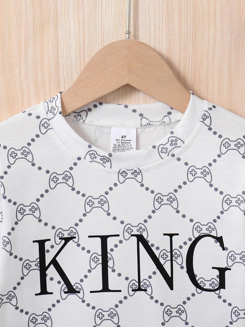 Two-piece Set Boy's All Over Game Console Letter Print Side Stripe Tee & Shorts Set, Casual Short Sleeve T-shirt & Elastic Waist Shorts, Summer Outfits Clothes for Kids