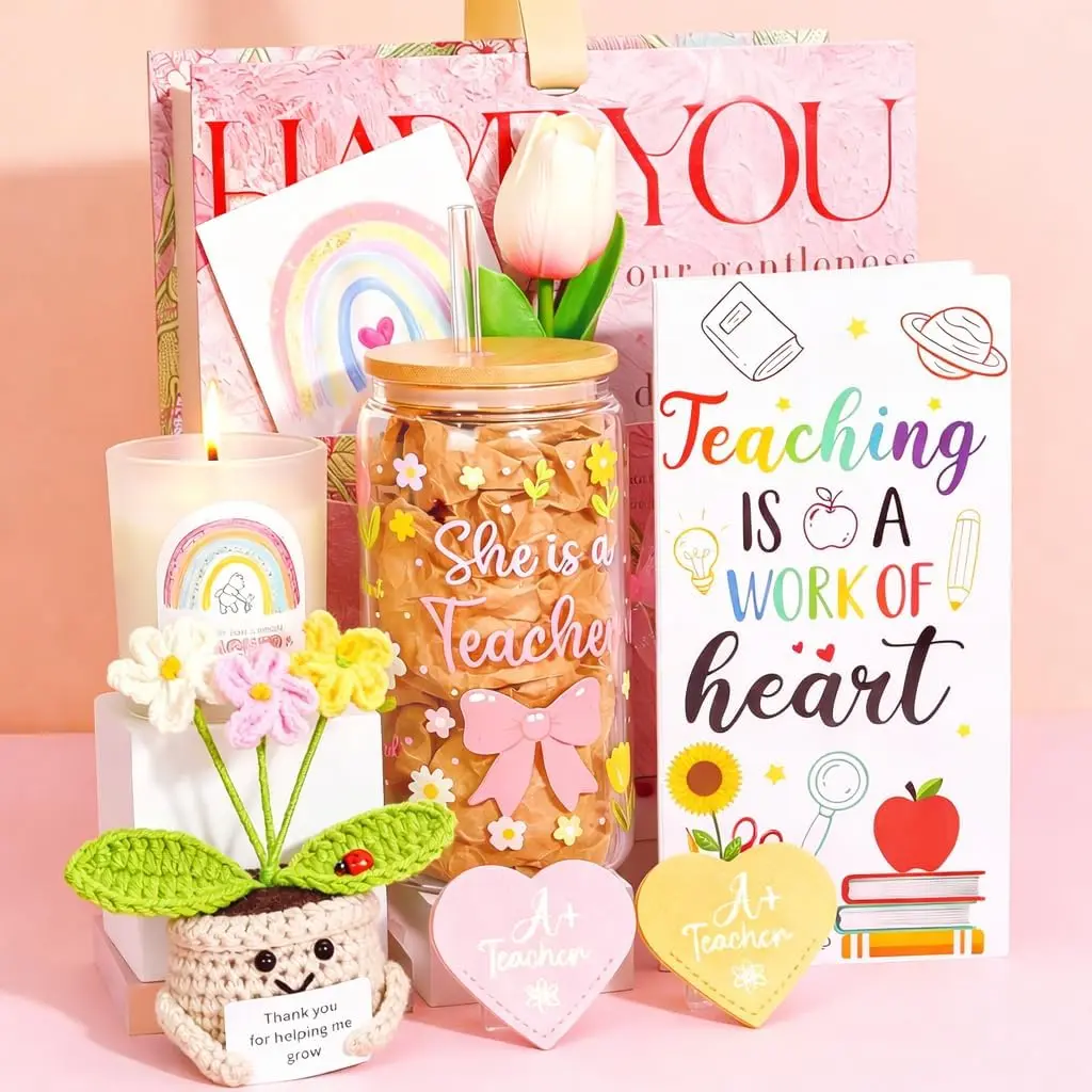 Teacher Appreciation Gifts for Women, Thank You Teacher Gift Basket with 16oz Glass Cup, Scented Candle, Cute Plant Decor, Bookmarks & Card, End of Year Teacher Gifts, Back to School