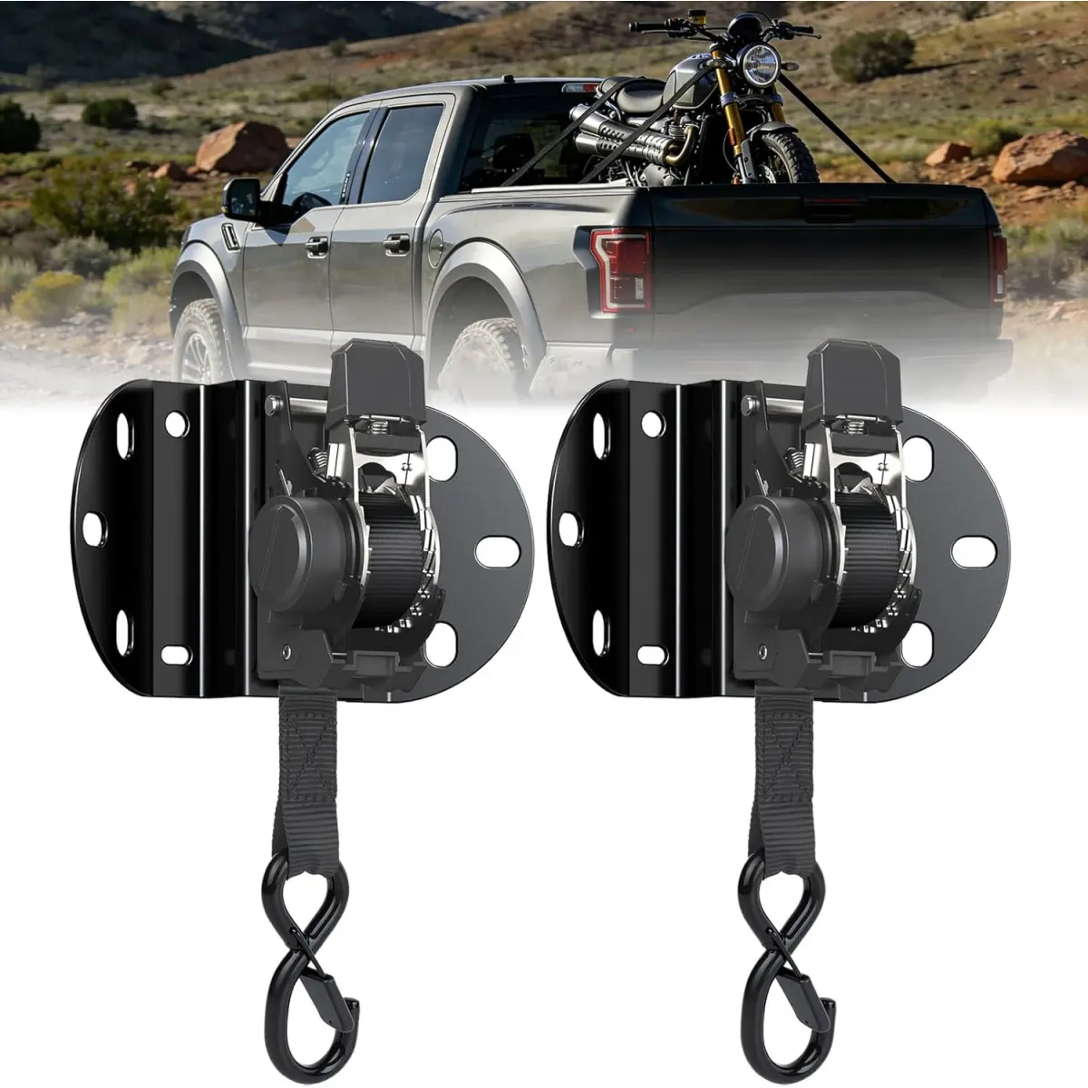Kingfun Retractable Ratchet Straps for 2015-2026 Ford F150 Accessories, Self Retracting Tie Down Straps (2-Pack), 1,500lb Break Strength Heavy Duty Truck Bed Securing System, 1 Inch x 10 Feet, Black