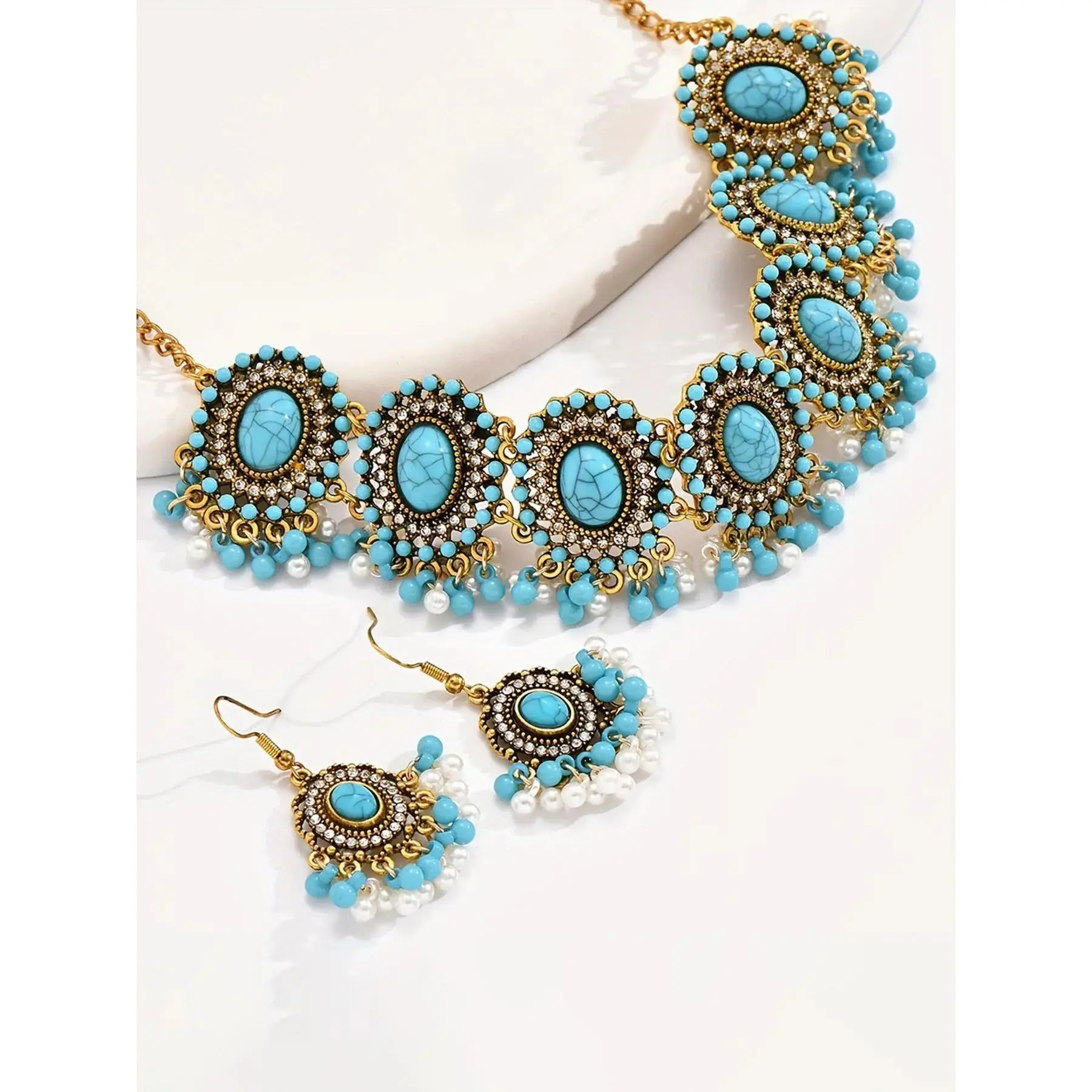Women's Vintage Bohemian Turquoise Beaded Matching Jewelry Set - Necklace & Dangle Earrings for Leisure, Sports Activities