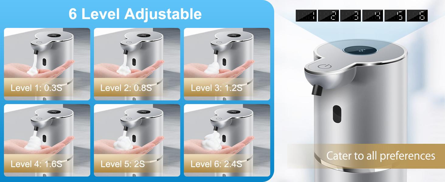 Automatic Foaming Soap Dispenser 12.8oz, Rechargeable & 6 Levels Foaming Adjustable with Digital Display, Wall Mount, Waterproof, Touchless Hand/Dish Soap Dispenser for Kitchen, Bathroom, Hotel
