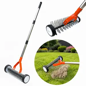 Heavy duty stainless steel thatch rake, wheeled release rake for lawns, effortless with wheel design, garden descaling rake with wheel scarifier, manual hair remover for dead grass and soil loosening outdoor lawn thatch