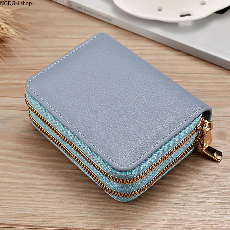 Women's Compact Double-Zip Faux Leather Purse - Trending Lychee Texture Card Holder, Slim Fit Layered Slots Cash Storage Case, Sturdy Zipper Lock, for Weekend Use & Daily Errands (Sports & Outdoor Female Gift Accessory)