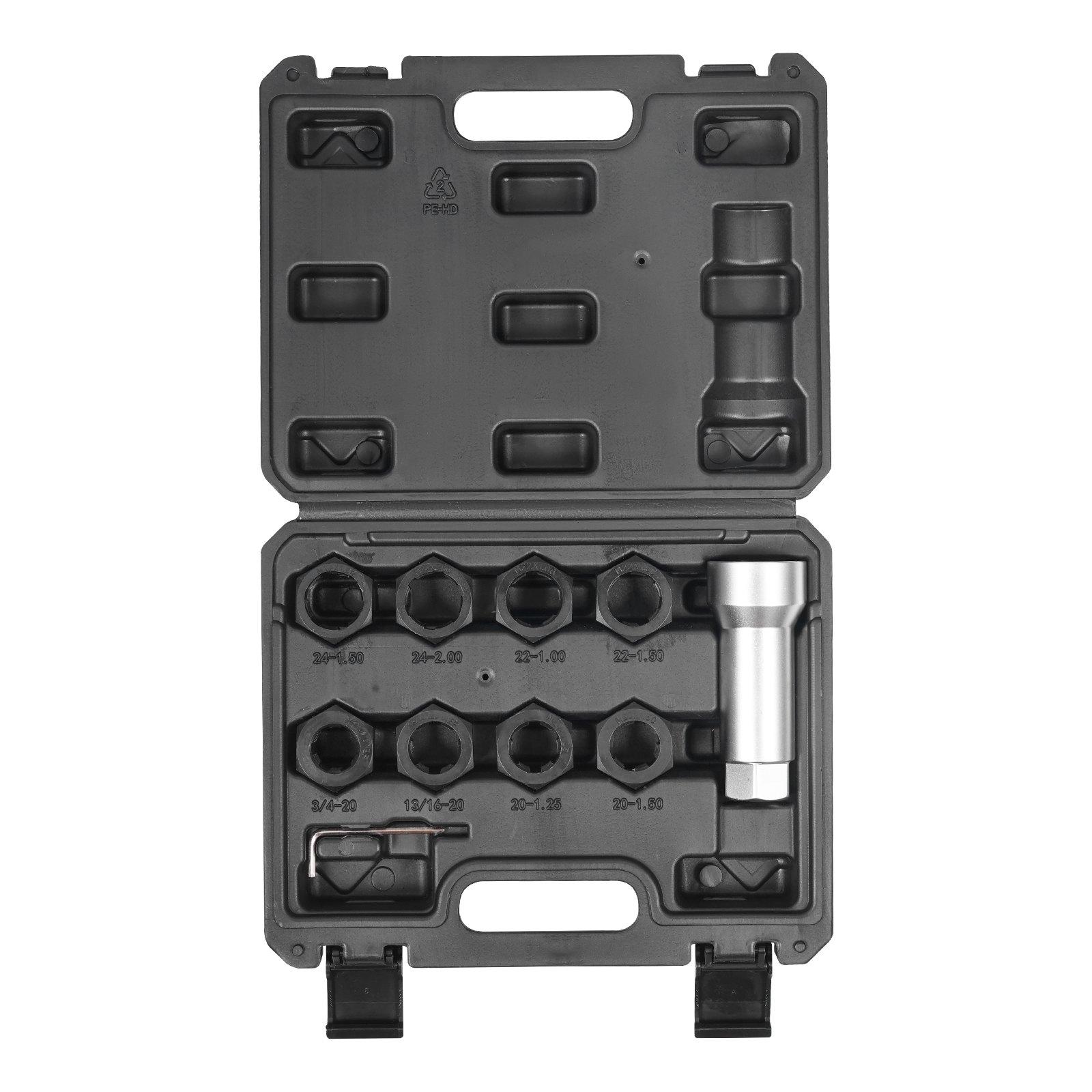 VEVOR 10-Piece Axle Spindle Thread Chaser Set, Metric M20 M22 M24 and UNF 13/16" 3/4" Thread Restorer Tool, Rethreading Tool Kit with Extension Bar, Hex Wrench, Storage Case, for Damaged Axle Spindles