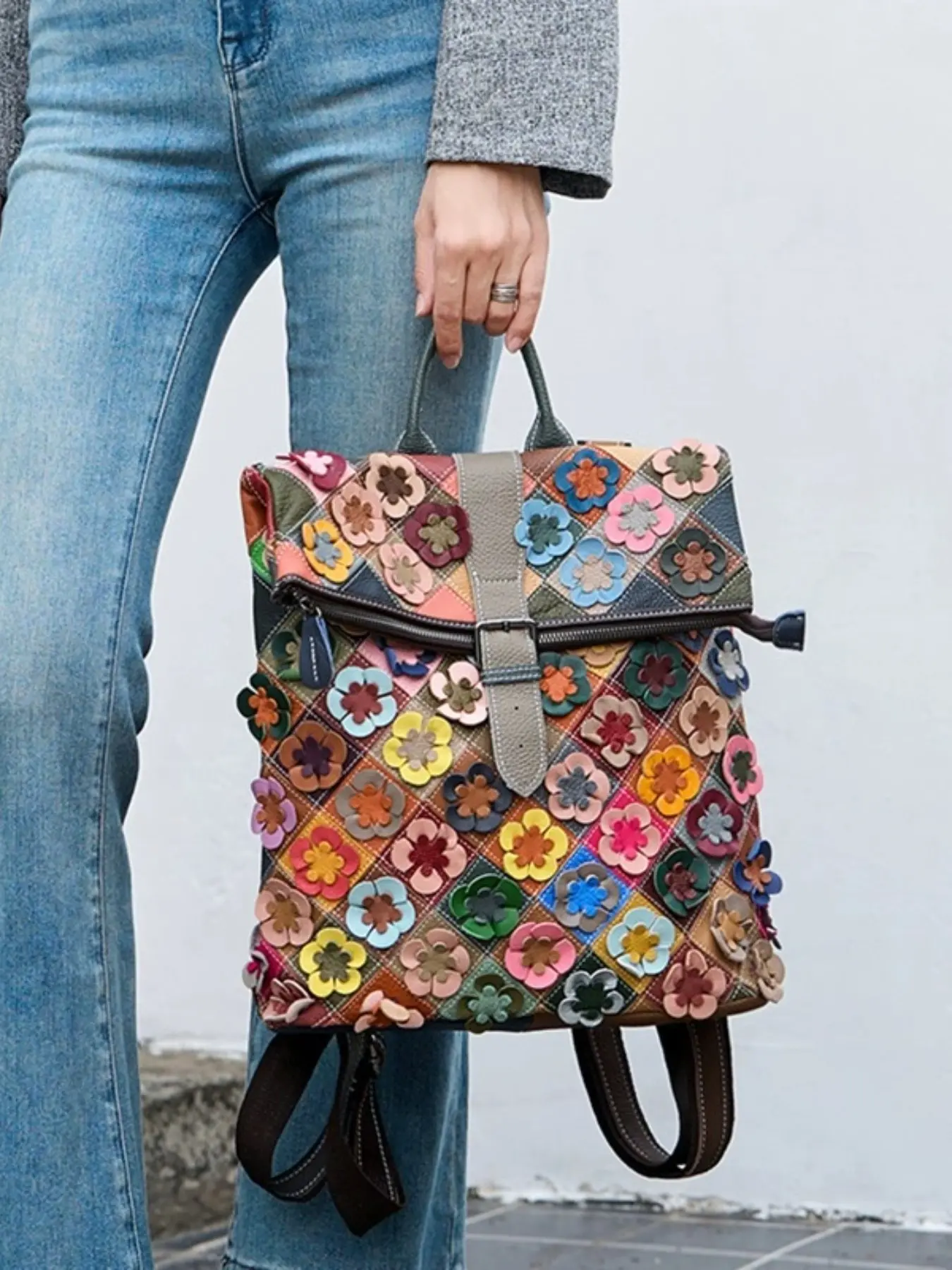 2026 New Fashion Genuine Leather Geometric Pattern Backpack, Multi-Color Geometric Patchwork, Retro Floral Shoulder Bag, Crossbody, Large Capacity, Anti-Theft