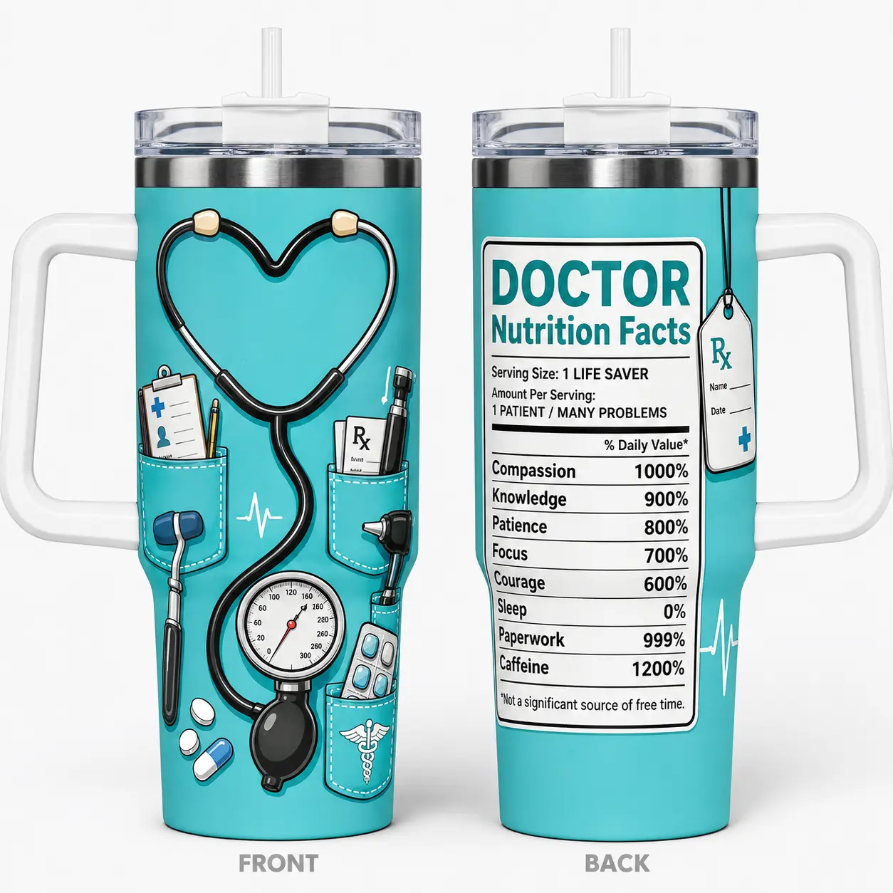 Doctor 40oz Stainless Steel Insulated Tumbler with Handle and Straw, Stethoscope Medical Tools Nutrition Facts Printed Travel Cup, Gift for Doctors