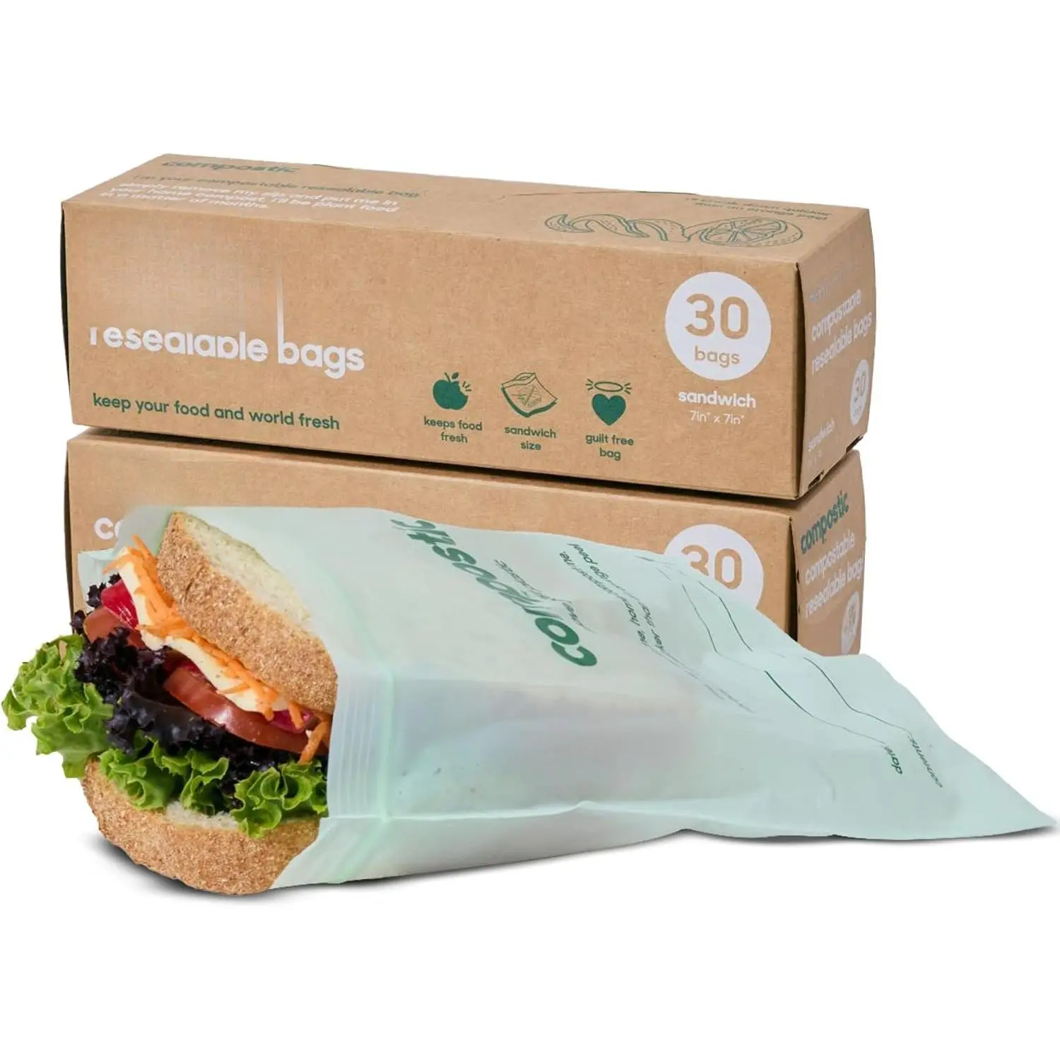 Compostable XL Sandwich Bags (60 Count) Starter Pack — Resealable Zip-Seal, -Based,  Compostable, Freezer & Microwave Safe, , , GMO-Free  Storage Bags
