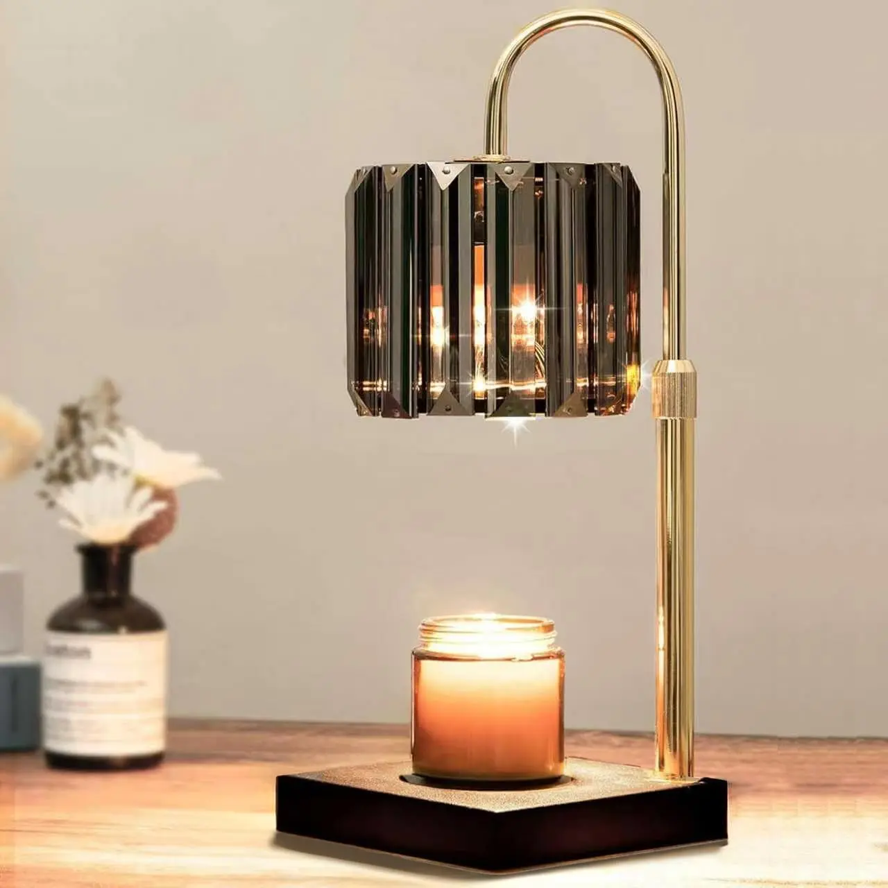 Candle Warmer Lamp with Timer, Dimmable Electric Candle Wamer Adjustable Height, Gifts for Women Mom, Glass Modern Candles Melter Lamp, Black