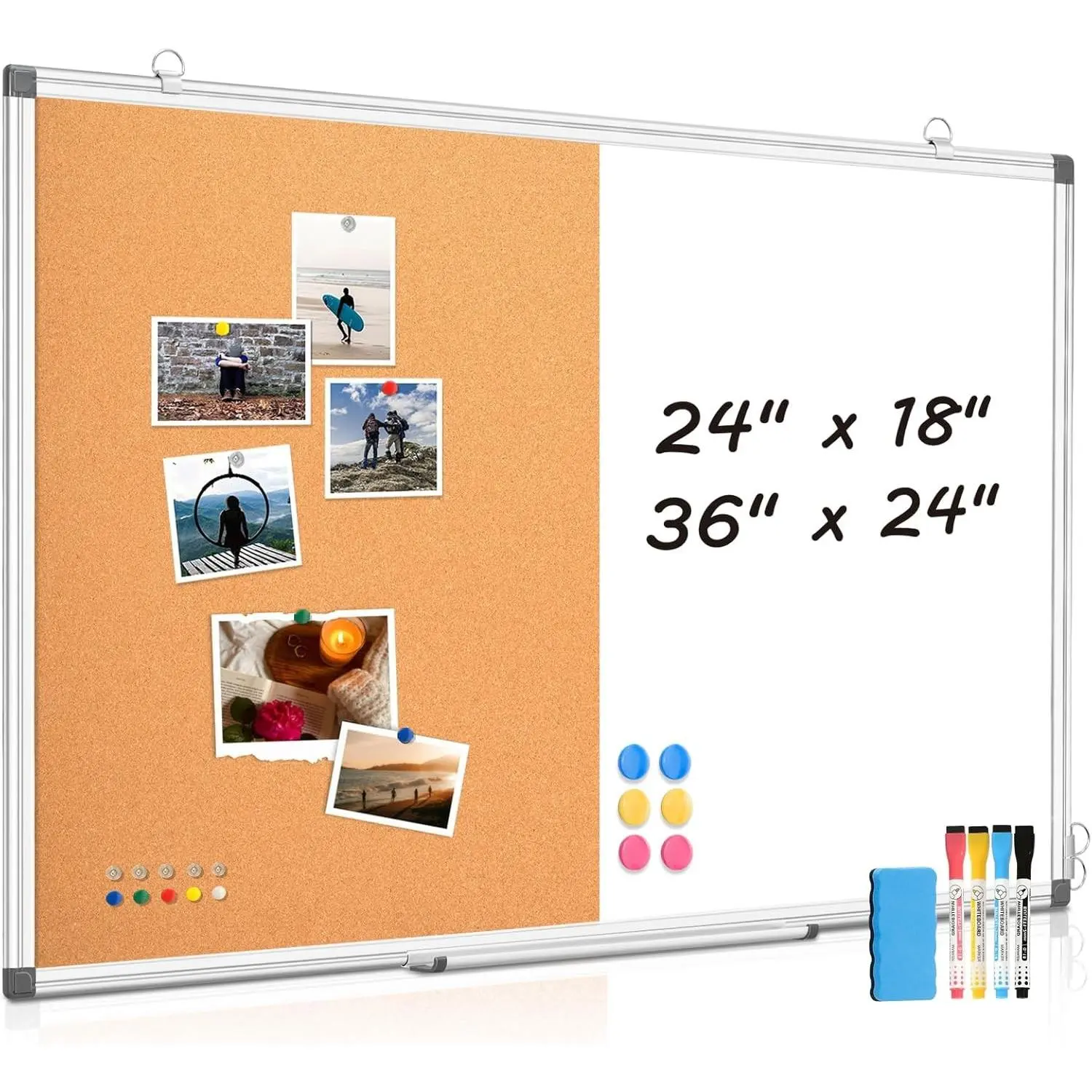 Combination Magnetic Whiteboard & Corkboard, 24"x18" Combo for School, Office & Home, Dry Erase Board with Removable Tray, Pins, Eraser, Markers & Magnets
