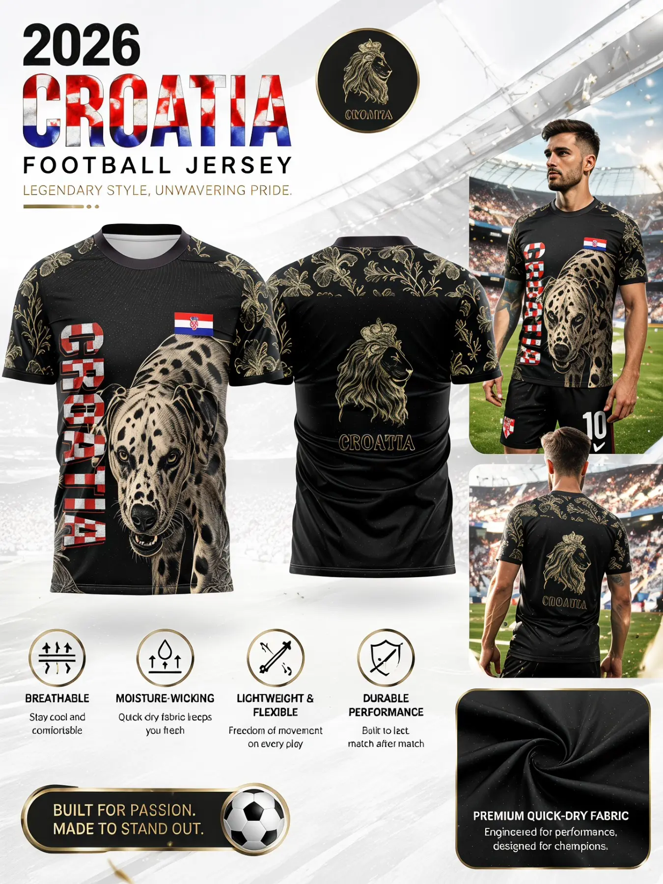 2026 Croatia Soccer Jersey, Quick-Dry Mesh, Vintage Floral Print, Breathable Lightweight Sporty T-Shirt, Ideal for Fans and Training