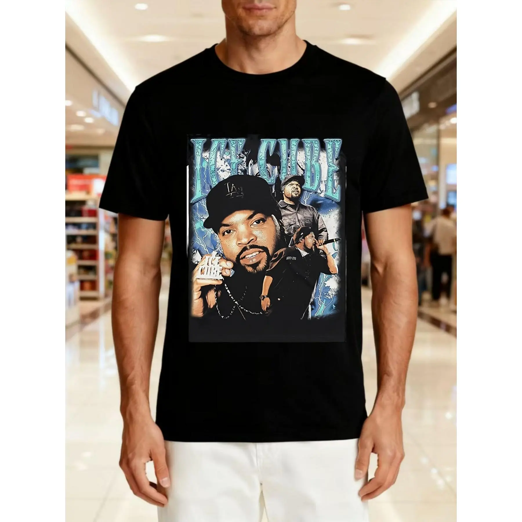 Cube of Ice Retro Collage Style Hip-Hop T-Shirt in Black, a Commemorative Short-Sleeve Piece Celebrating The Rap Legend, Perfect for Streetwear Enthusiasts