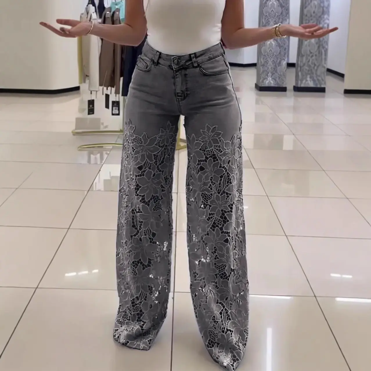 2026 Spring Summer Women High Waist Wide Leg Denim Jeans, Elegant Versatile Hollow Out Lace Spliced Flowy Drapey Denim Pants, Slimming Long Trousers for Ladies, Soft Lightweight Breathable Fashion Casual Pants for Daily Dating Vacation Street Outfits