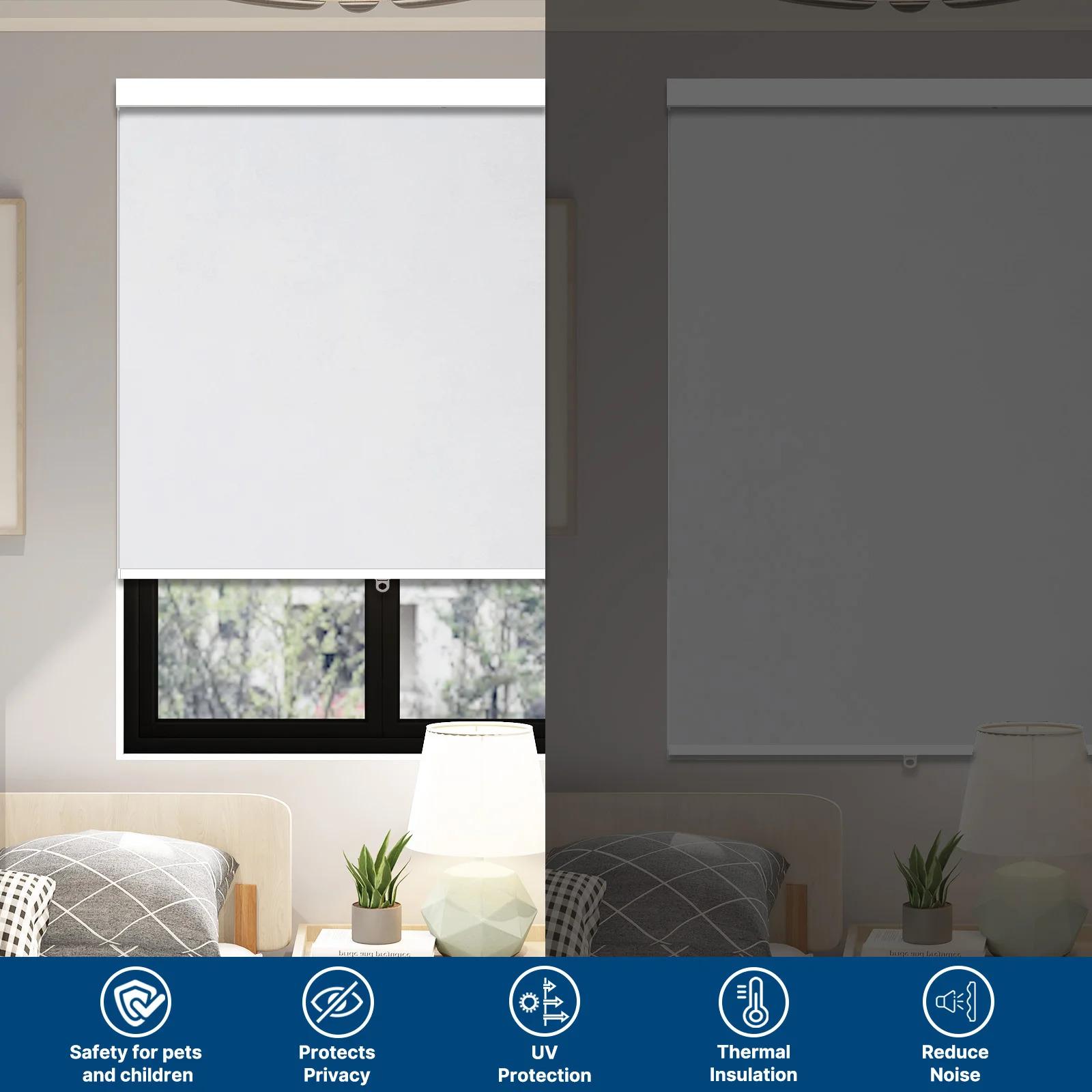 Cordless roller blinds, made of 100% blackout polyester fabric, with a modern design, suitable for homes, hotels, offices, and French windows.Automatic control, waterproof, UV resistant, environmentally friendly, and provides enhanced privacy.
