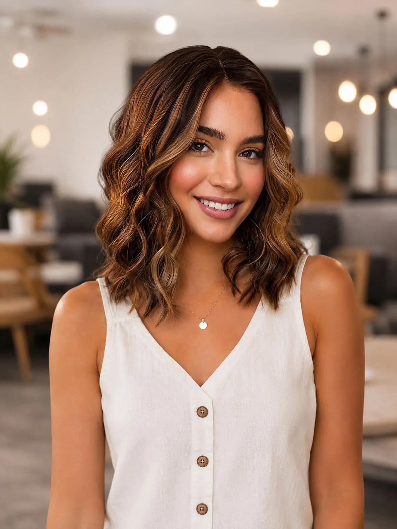 Short Wavy Synthetic Lace Wig Brown Highlight Wigs for Women Glueless 4x1 Lace Hairline