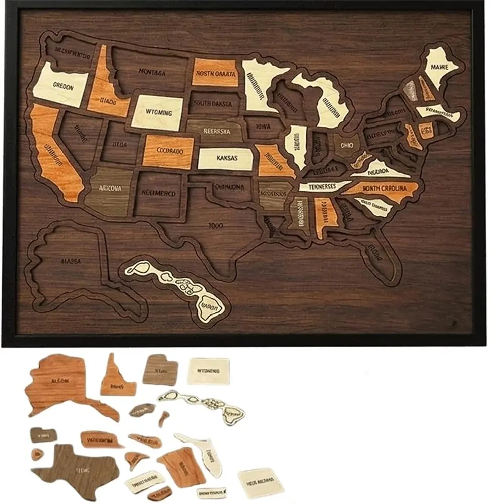 Wooden Travel Map Puzzle, U.S. Travel Tracker Map, Travel Pinboard with Decorative Stickers, Artistic Home Decor for Couples and Families, Daily Travel Tracker Gift, Wooden Puzzles (12 x 10 inches)