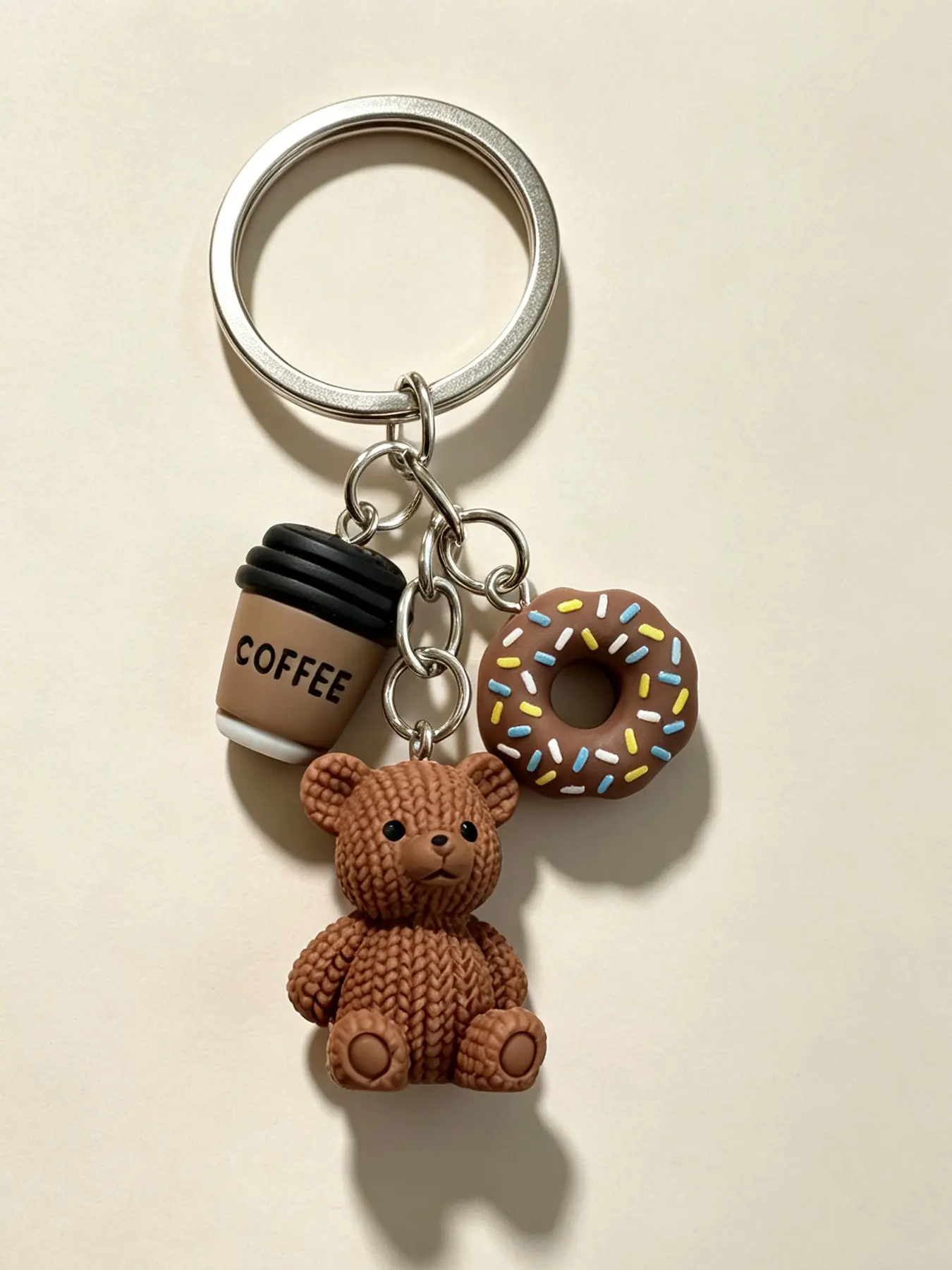 Coffee Core Neutral Kawaii Knitted Texture Bear Combo Bag Charm, Coffee Cup Bean Donut Keychain Accessories, Back To School & Birthday Gift For Teen Girls, Women & Coffee Lovers Gift For Her