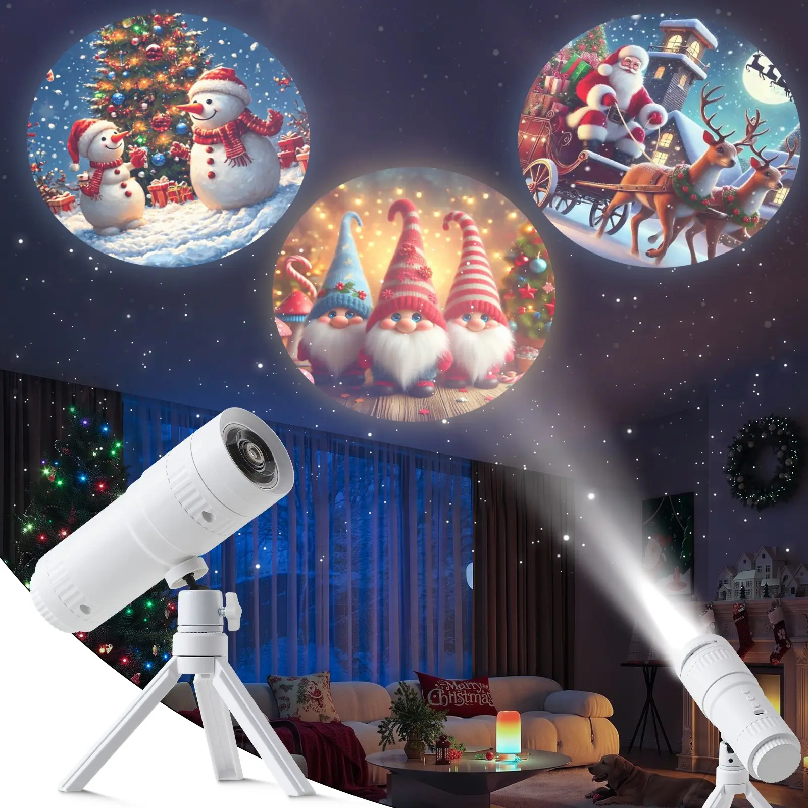 Christmas Pattern Projector Lamp, 16 Switchable Christmas Patterns, 1500mAh Rechargeable, Tripod Included, Holiday Atmosphere Decor Light
