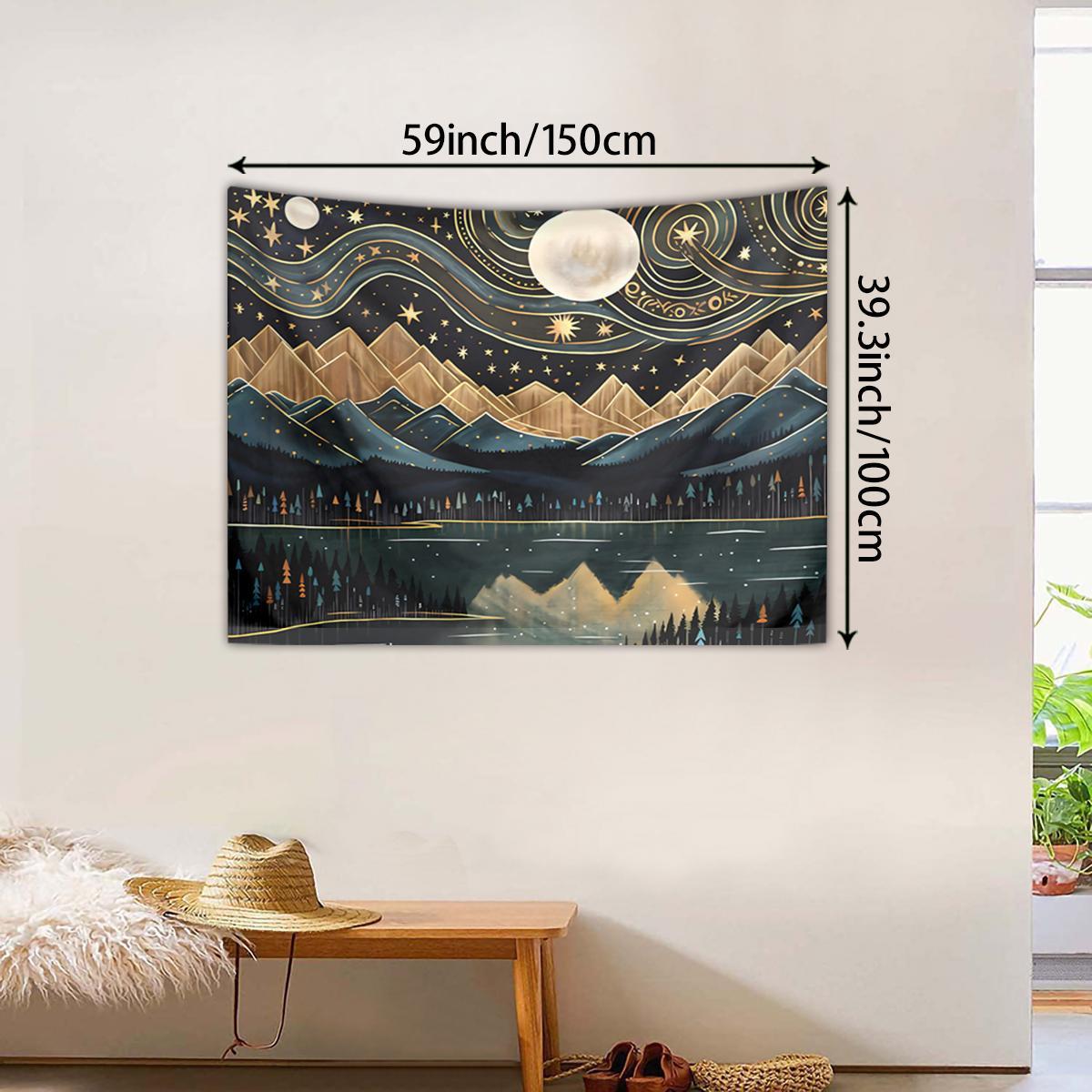 Bohemian Style Mountain & Moon & River & Starry Sky Pattern Tapestry, Creative Wall Hanging Blanket, Wall Art for Home Living Room Bedroom, Vintage Room Decor, Wall Tapestries