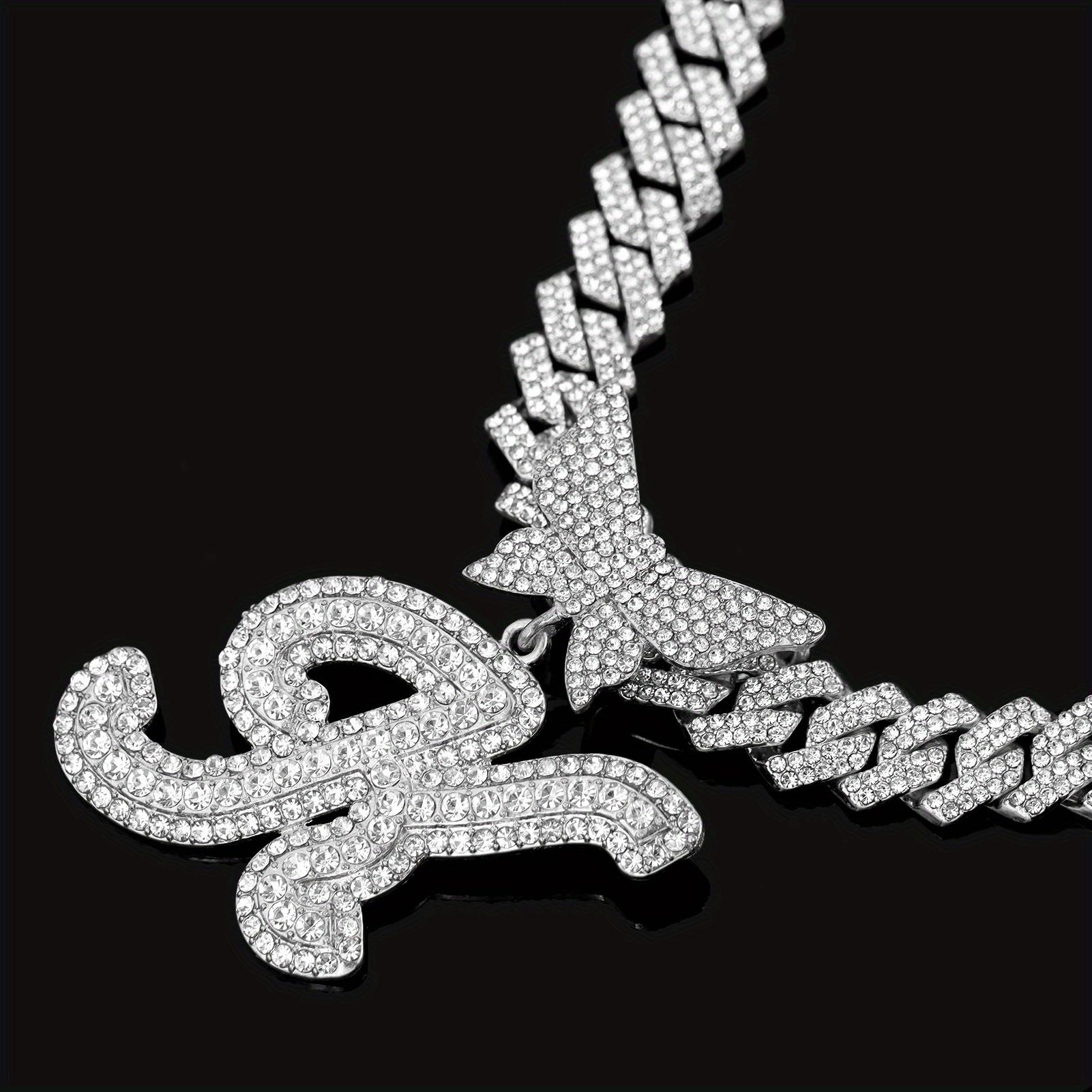 Iced Out Bling Butterfly Letter Pendant Necklace For Women AAA Rhinestone Paved Prong Cuban Chain Initial Necklaces Punk Jewelry