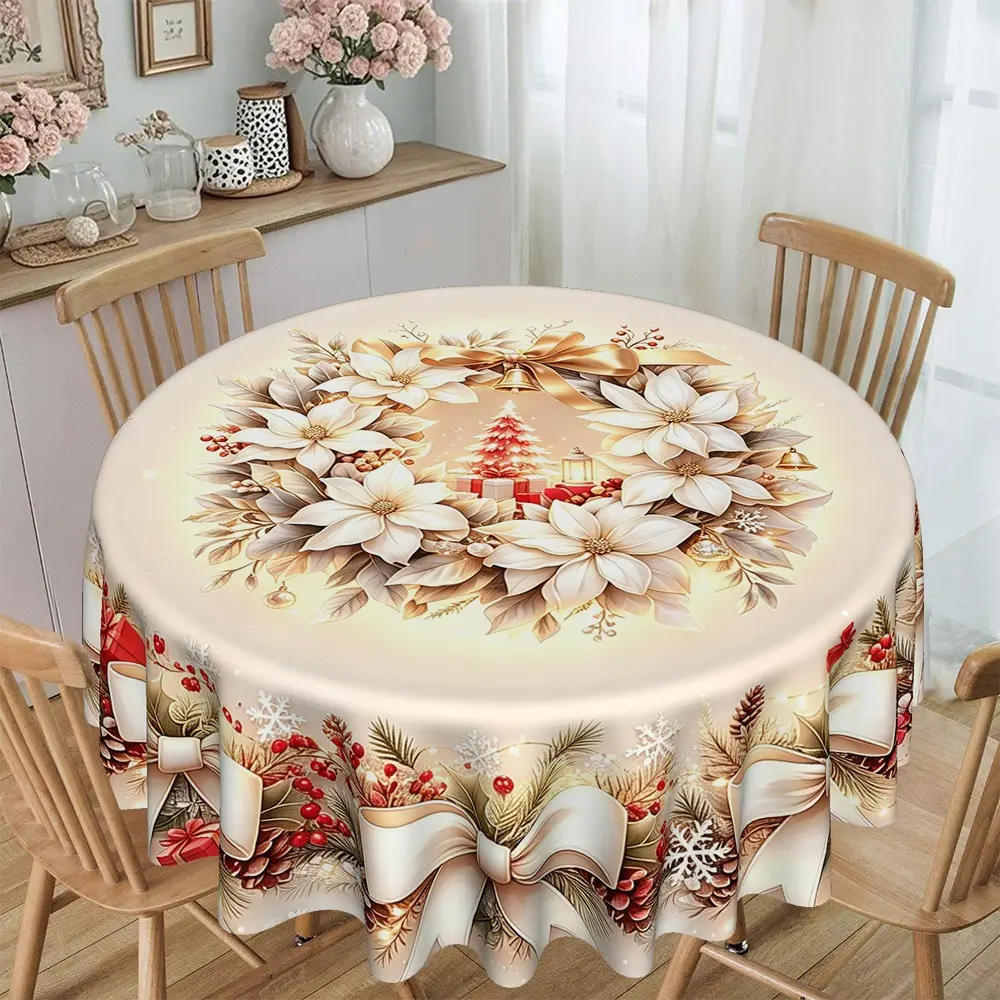 Christmas Dreamy Wreath Bow Print Round Tablecloth, 120g/m² Polyester, Furniture Protector, Party Decor, Hotel Restaurant Home Use