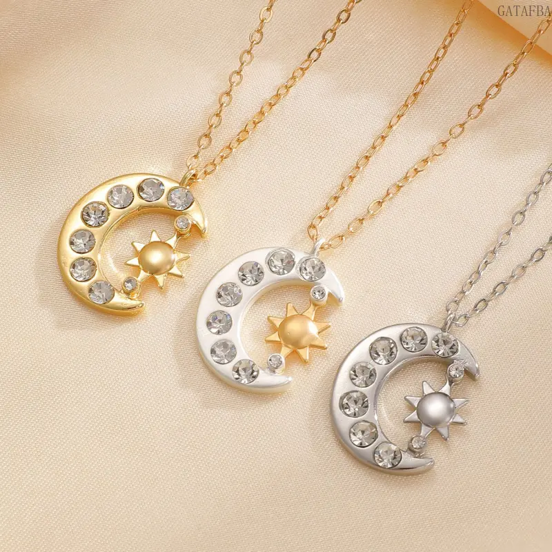 Luxury Rhinestone Star Moon Pendant Necklace, Dainty Clavicle Chain Matching Outfits Jewelry for Women Holiday Wear