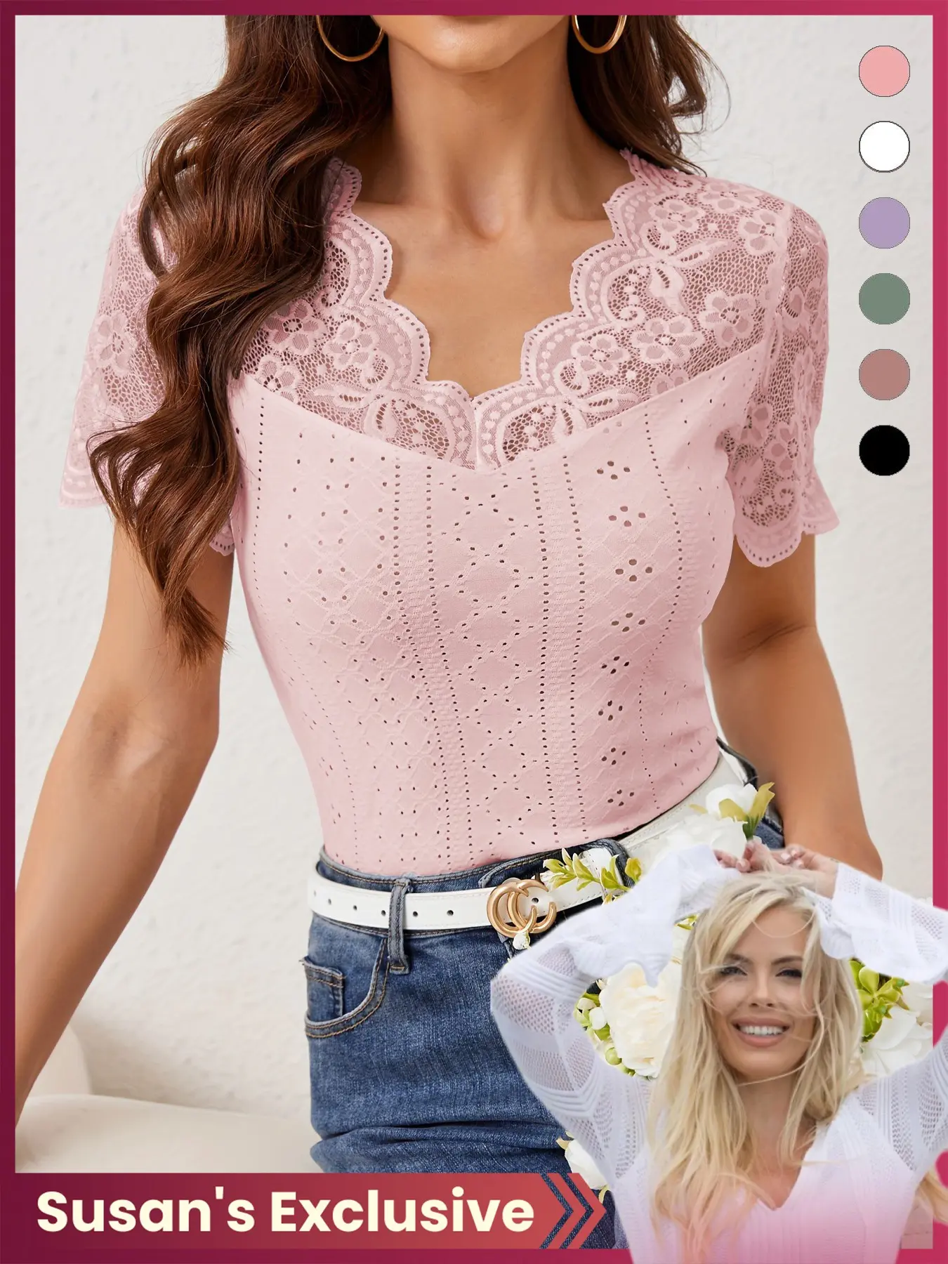 1pc French Style Chic Lace Trim Short Sleeve Top, Slim-Fitting V-Neck Hollow Out Layering Design, Versatile Clothes for Commute, Dates and Daily Wear