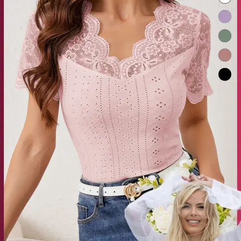 1pc French Style Chic Lace Trim Short Sleeve Top, Slim-Fitting V-Neck Hollow Out Layering Design, Versatile Clothes for Commute, Dates and Daily Wear