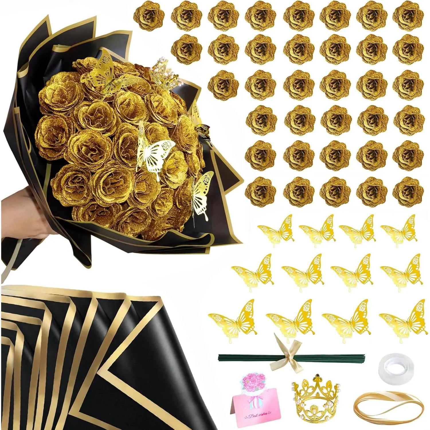 36-Pack DIY Plastic Waterproof Black Glitter Gold Shiny Artificial Roses Bouquet with Stems - Decor for Wedding Day, Eternal Floral Gifts, Water Proof