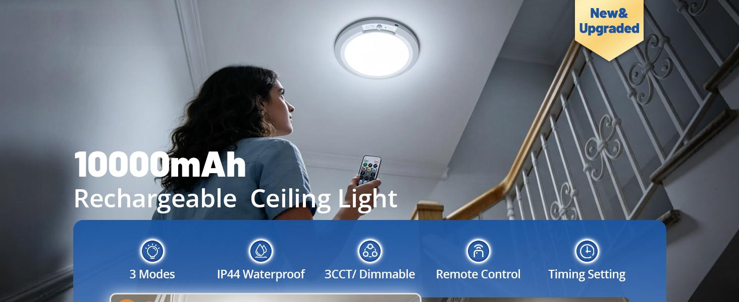 10000mAh Rechargeable Ceiling Light with Remote, 3 Color Temperatures & Brightness Dimmable, Wireless Ceiling Light with Magnetic Design, Battery Ceiling Light for Shower Hallway Pantry