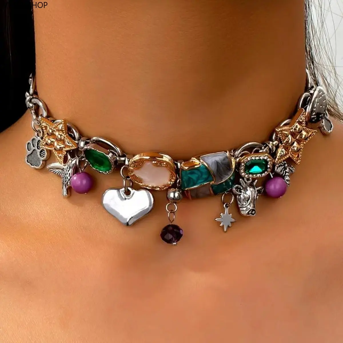 Women's Bohemian Enamel Animal Pendant Necklace, Bull and Bee Charm Layered Link Chain Jewelry for Festivals and Daily Wear