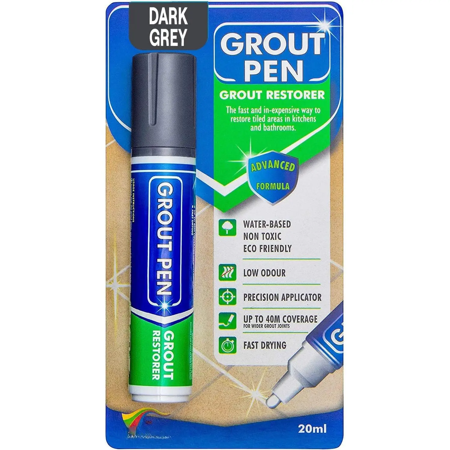 Grout Pen Dark Grey Tile Grout  Marker Restorer - Wide 15mm Tip (20ml) |  Grout Line Refresher for Kitchen & Bathroom, Colorant and Sealer Pens for Cleaner Looking Grout Lines - Dark Grey