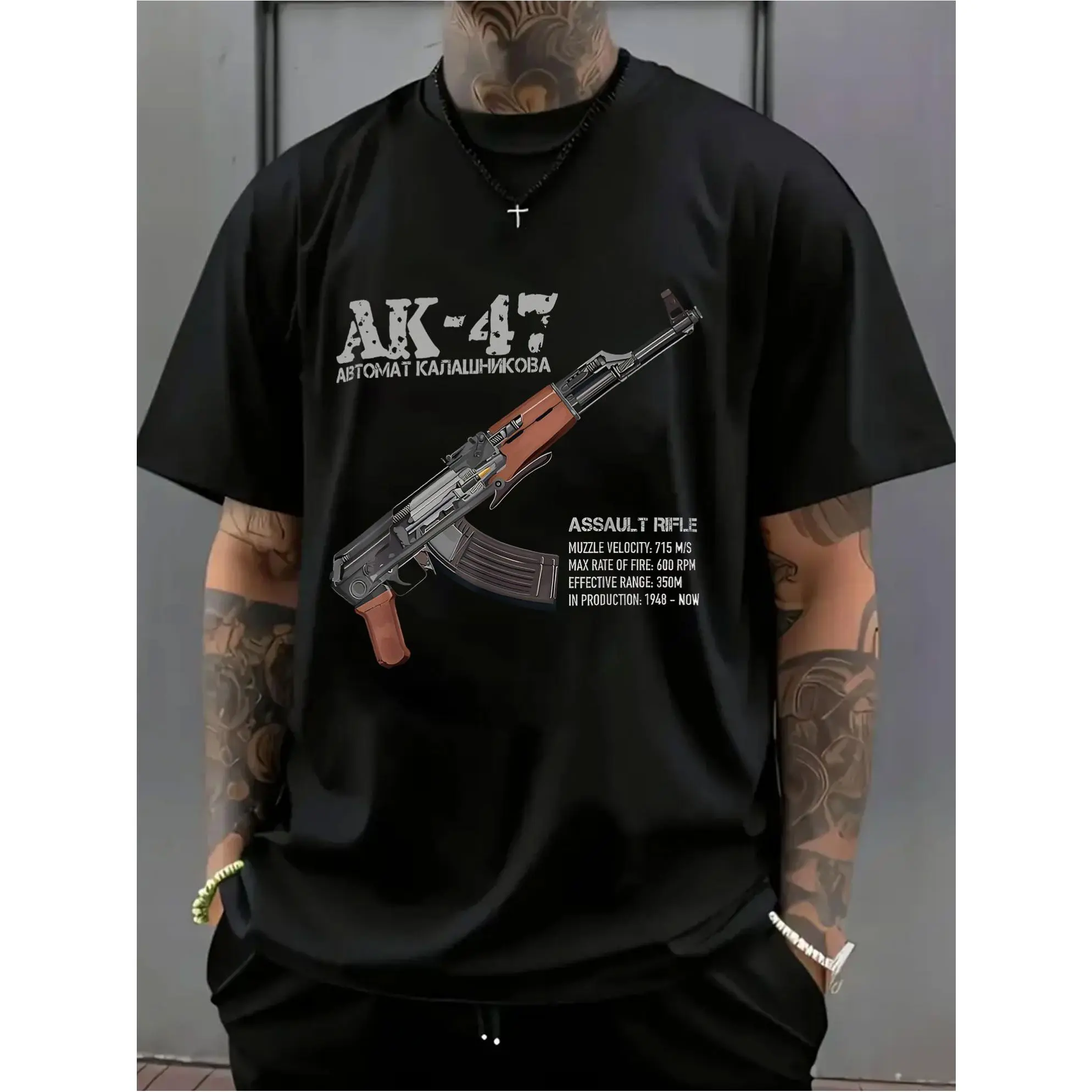 Men's Round Neck Cotton Vintage Chic Graphic T-Shirt - AK-47 Automatic Kalashnikov Print, Short-Sleeve Streetwear Top, Comfortable Breathable Summer Casual Wear for Gun Enthusiasts