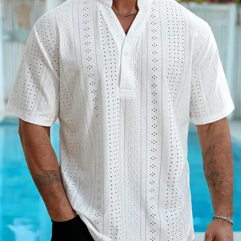 [Plus Size] Solid Color Punchwork Short Sleeve Shirt, Regular Fit Casual Comfy Top for Men, Men's Clothing for Summer, Tropical Fabric