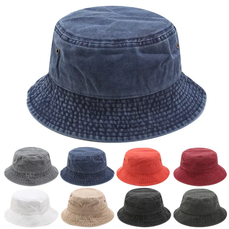 Vintage Washed Grey Denim Bucket Hat - Distressed Cotton Fisherman's Cap with Metal Eyelets, Portable, Foldable, Solid Color for Female Casual Sports, Summer Outdoor Use, Daily, Plain