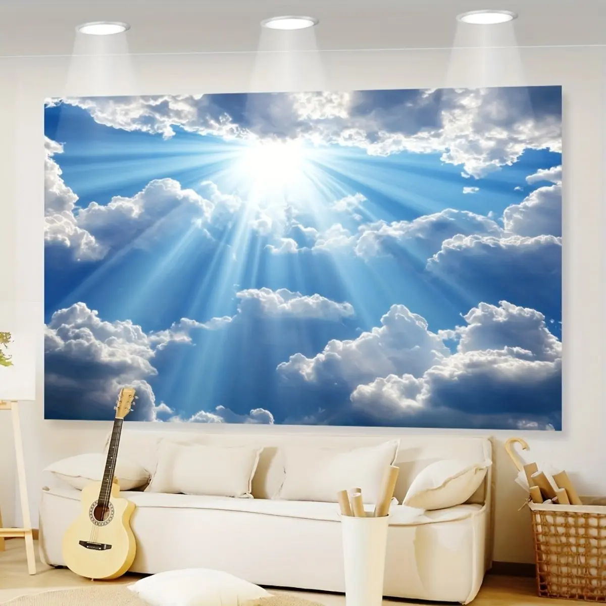 2D Flat Blue Sky & Beach Backdrop Banner | Dreamy Sky & Coastal Scenery Wall Decor and Photo Backdrop for Bedroom, Party & Indoor Decor | Single-Sided Polyester | Metal Grommets for Easy Hanging
