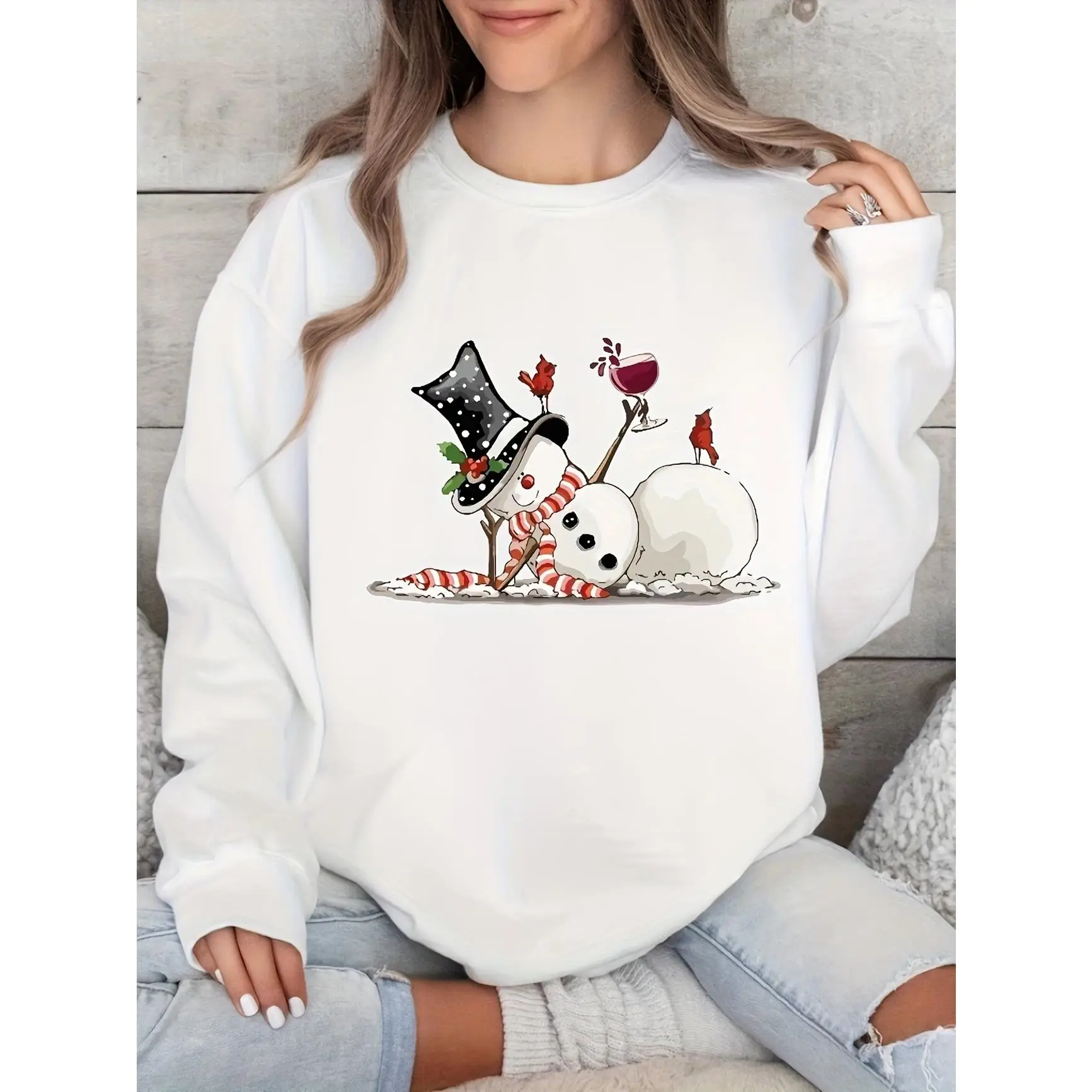 Snowman Christmas Graphic Oversized Cotton Sweatshirt, Cute Winter Outfit Fashion Top, Best Christmas & Valentine’s Day Gift For Her Him, Perfect Holiday Present For Family & Loved Ones
