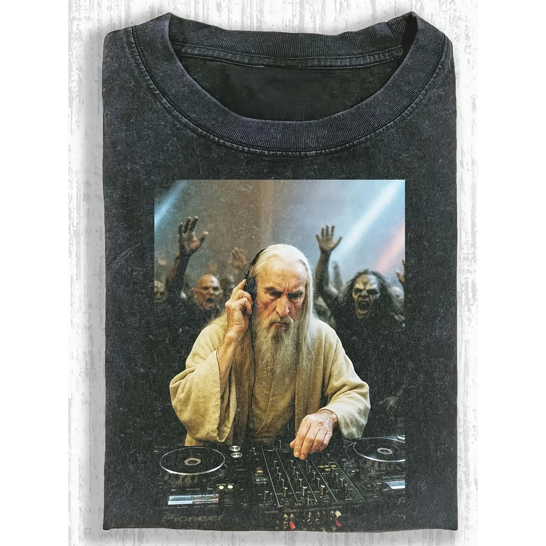 Men's Funny DJ Gandalf Meme Print Knit T-Shirt - Vintage Washed Soft Cotton Short Sleeve Round Neck Pullover Top, Casual EDM Fantasy Movie Streetwear Menswear, Machine Washable, Stretch, Tops, Regular Fit