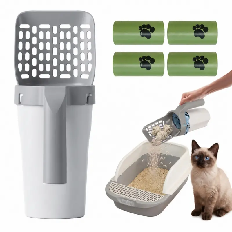 Cat Litter Scoop with Storage Rack, upgraded litter shovel with waste bags. 2-in-1 detachable sifting and waste box set with refillable disposable bags, one-hand operation cat poop scooper, suitable for adult cats and kittens